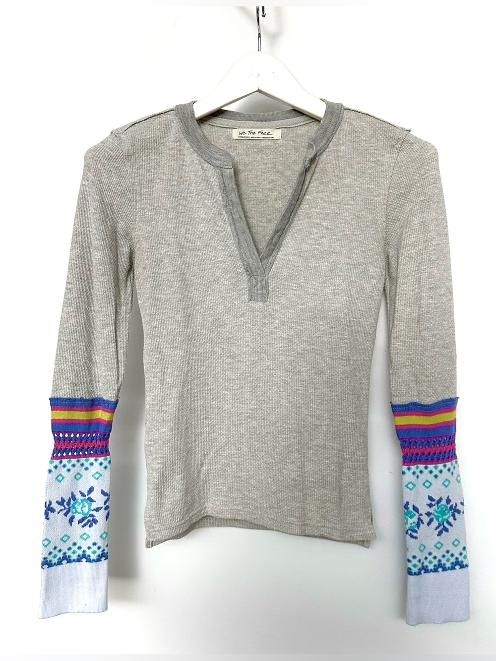 We the Free waffleknit with Multicolor Fair Isle Sleeves